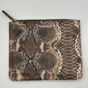 Liz Claiborne Faux Leather Snakeskin Print Pouch Clutch Makeup Bag Brown Neutral